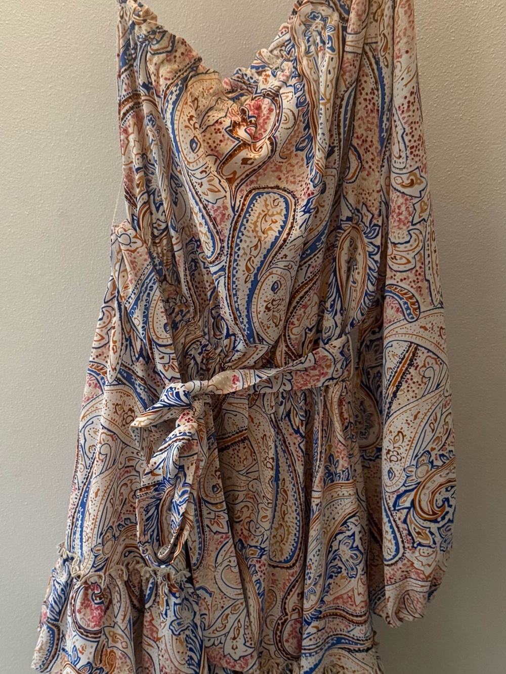 Boho Paisley Print Tie-Waist Dress in Cream and Blue one shoulder size small